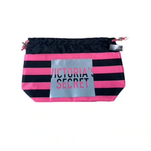 Victoria’s Secret Pink Makeup Bag Striped Pink And Black Pockets With Logo NWT - Picture 1 of 10